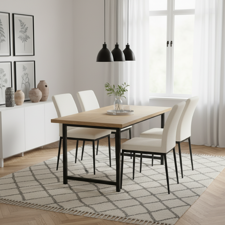 Renzo – Esszimmerstuhl mit Bouclé-Bezug und schwarzen Metallbeinen