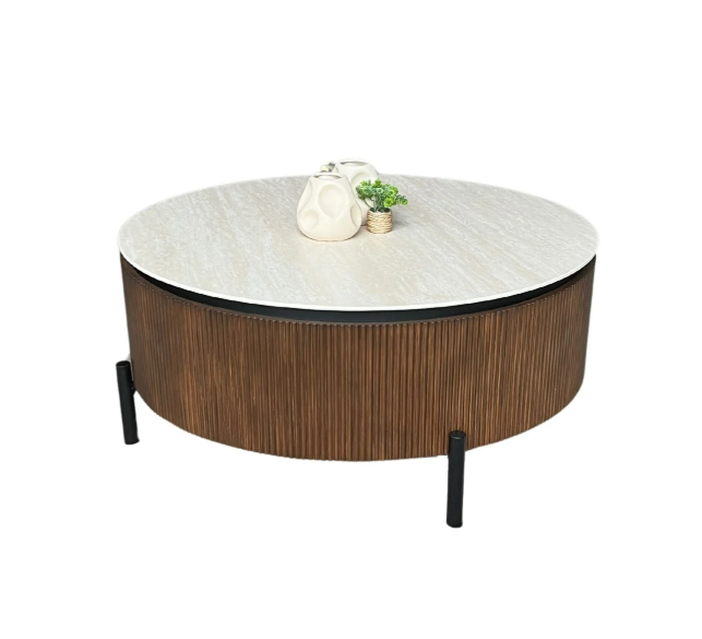 Aqua CT Brown Couchtisch – Ø100 cm – Beigefarbene Keramikplatte