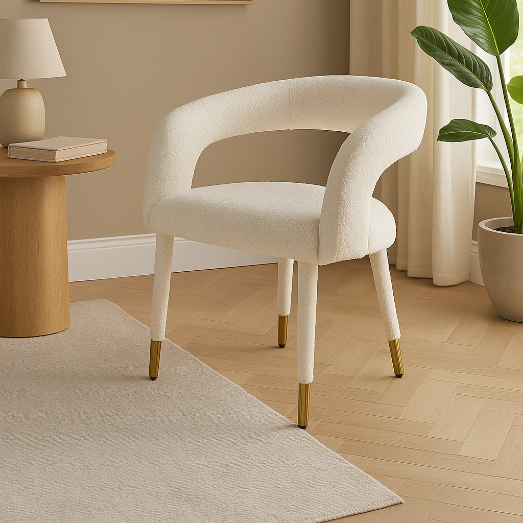 Lunetta | Bouclé-Esszimmerstuhl mit goldenen Details
