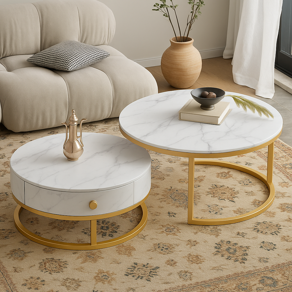 Set aus 2 runden Couchtischen – Keramikplatte mit goldfarbenem Gestell