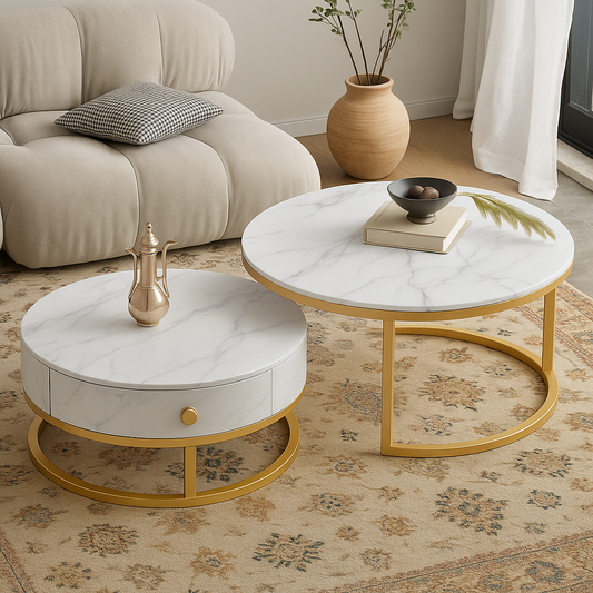 Set aus 2 runden Couchtischen – Keramikplatte mit goldfarbenem Gestell