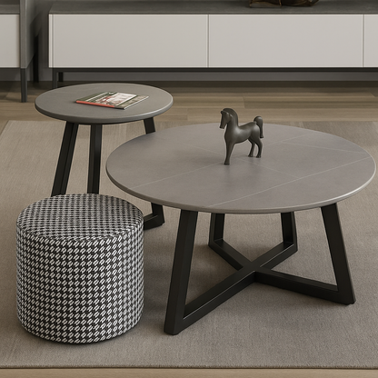 Set aus 2 runden Couchtischen – Keramikplatte & schwarzes Gestell