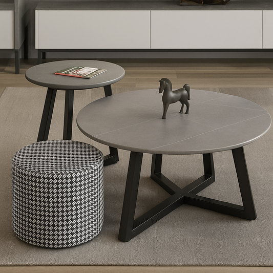Set aus 2 runden Couchtischen – Keramikplatte & schwarzes Gestell