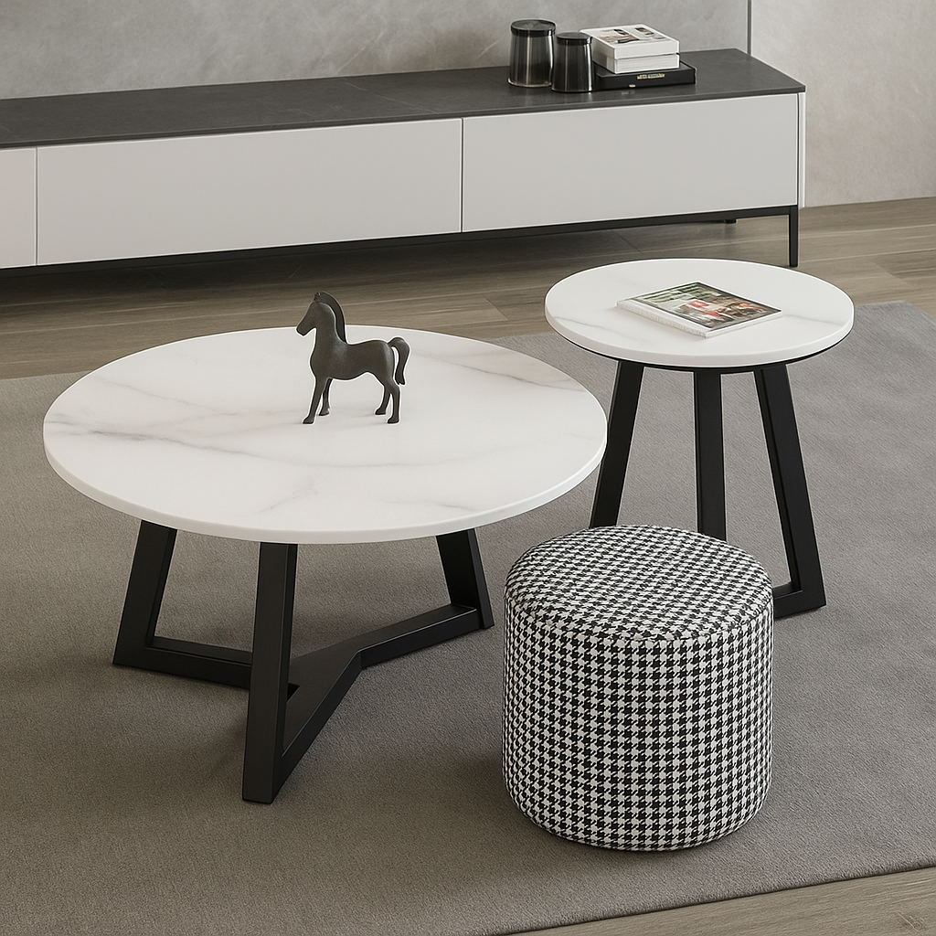 Set aus 2 runden Couchtischen – Keramikplatte & schwarzes Gestell