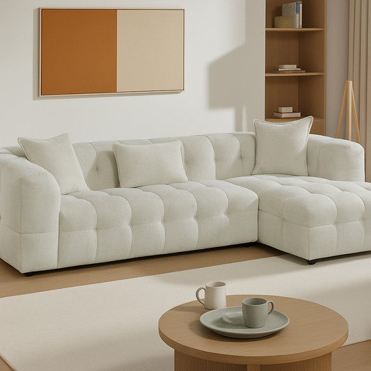 Mira | L-förmiges Ecksofa mit cremefarbener Stoffpolsterung