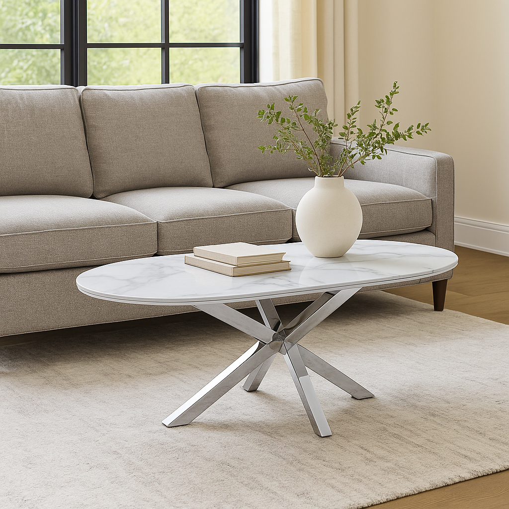 Cavallo – Keramischer Couchtisch mit Marmoroptik und Edelstahlgestell