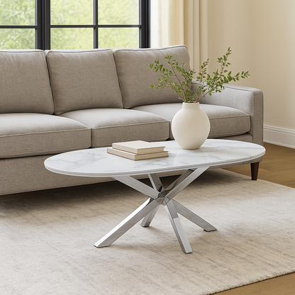 Cavallo – Keramischer Couchtisch mit Marmoroptik und Edelstahlgestell
