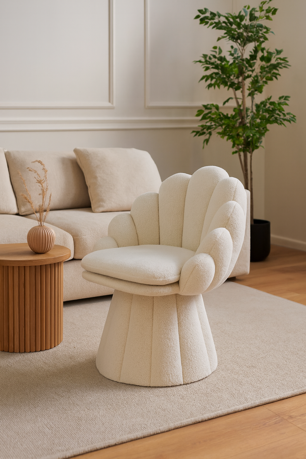 Amalfi – Bouclé-Loungefauteuil mit muschelförmigem Design in Cremeweiß