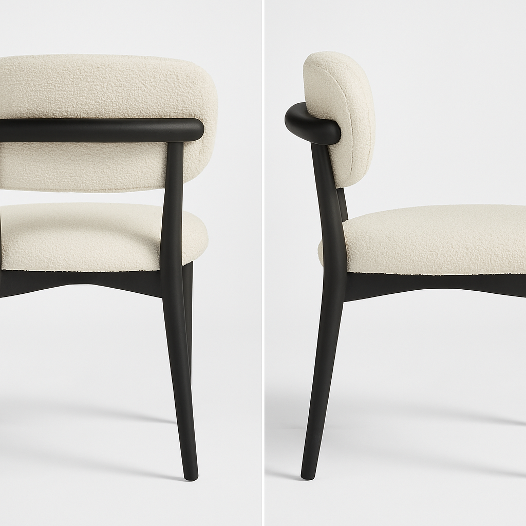 Retro-Designstuhl – Bouclé-Stoff mit Holzgestell (Creme, Schwarz oder Braun)