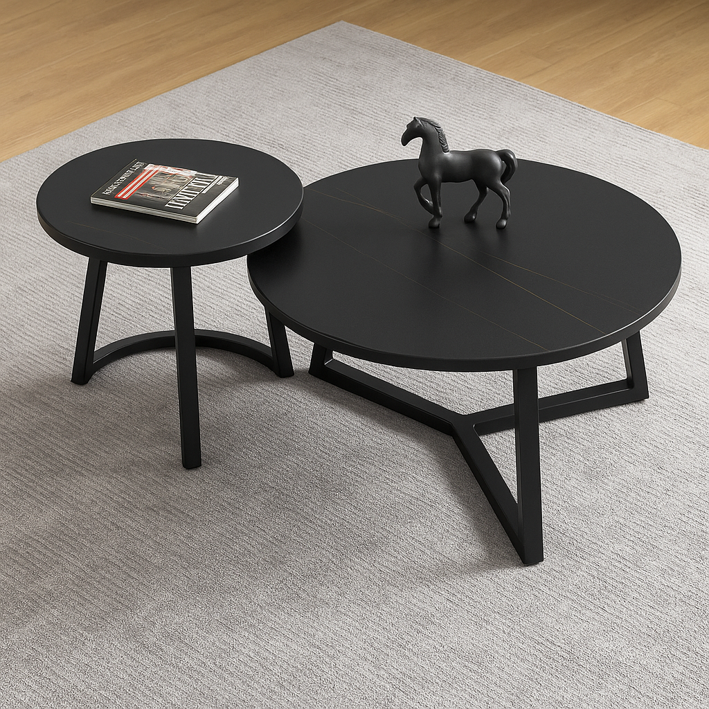 Set aus 2 runden Couchtischen – Keramikplatte & schwarzes Gestell