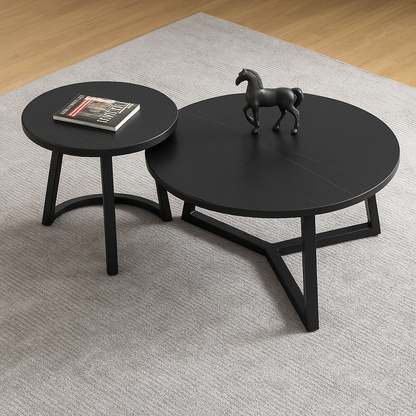 Set aus 2 runden Couchtischen – Keramikplatte & schwarzes Gestell