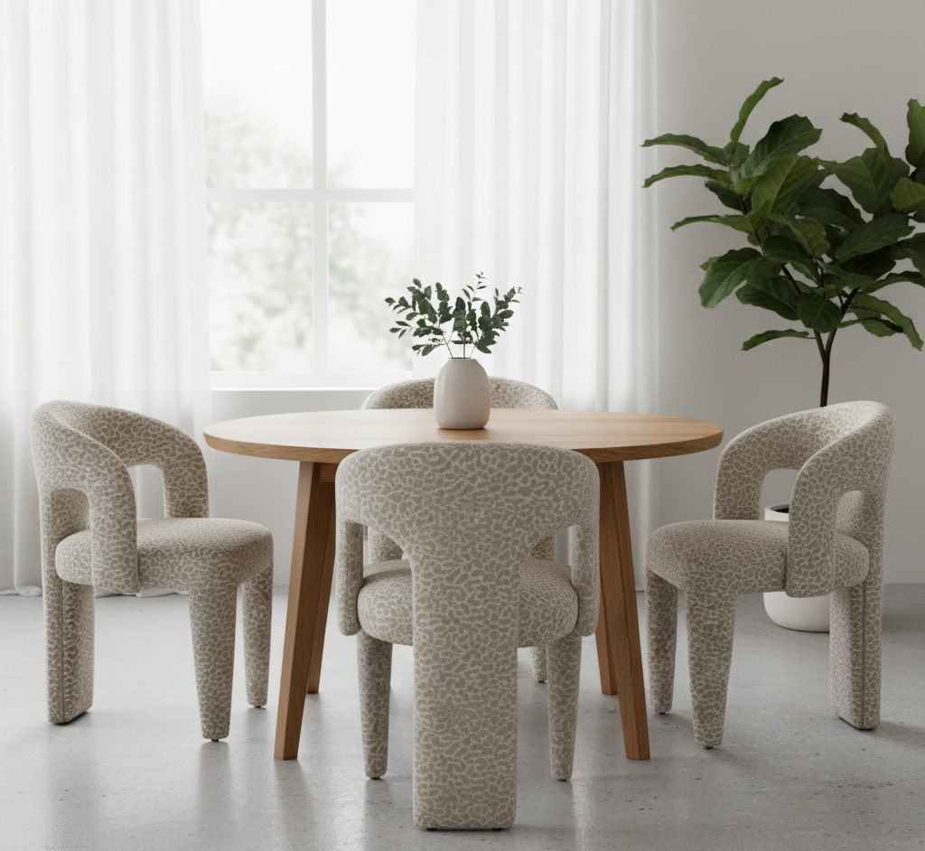 Liana – Gepolsterter Designstuhl mit Leopardenmuster und skulpturalen Formen