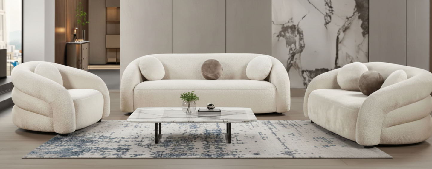 Nomea – Luxuriöses Lounge-Set in cremefarbener Bouclé-Stoffierung
