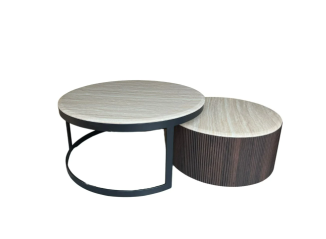 FOX Schwarz / Braun Double Table – Luxuriöses Set aus zwei Couchtischen (Ø 80 & Ø 90 cm)