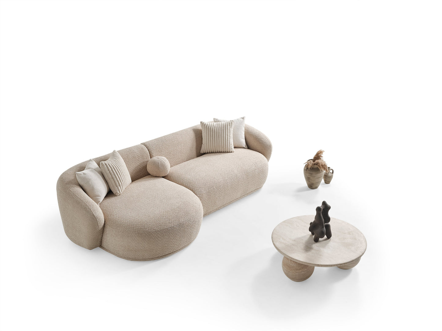 Oslo Rundsofa – 290 × 76 × 140 cm – Beigefarbener Bouclé mit organischer Form