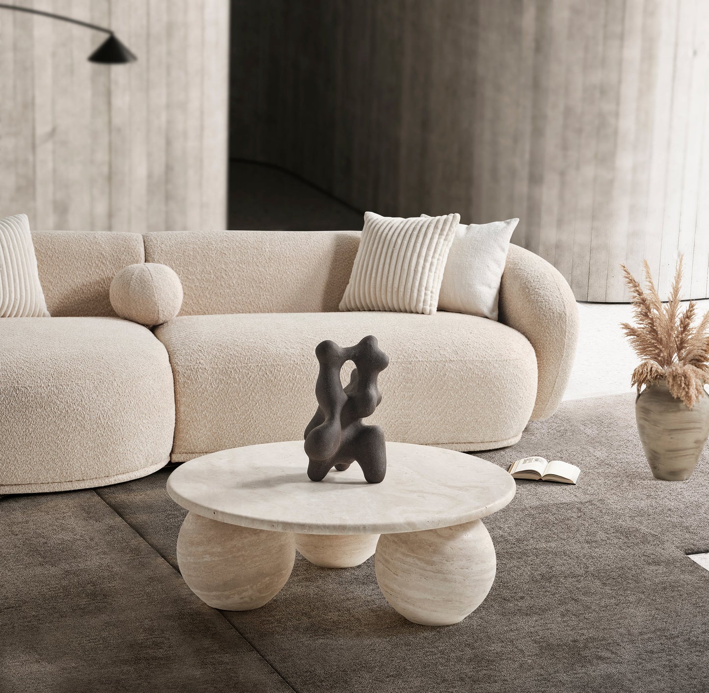 Oslo Rundsofa – 290 × 76 × 140 cm – Beigefarbener Bouclé mit organischer Form