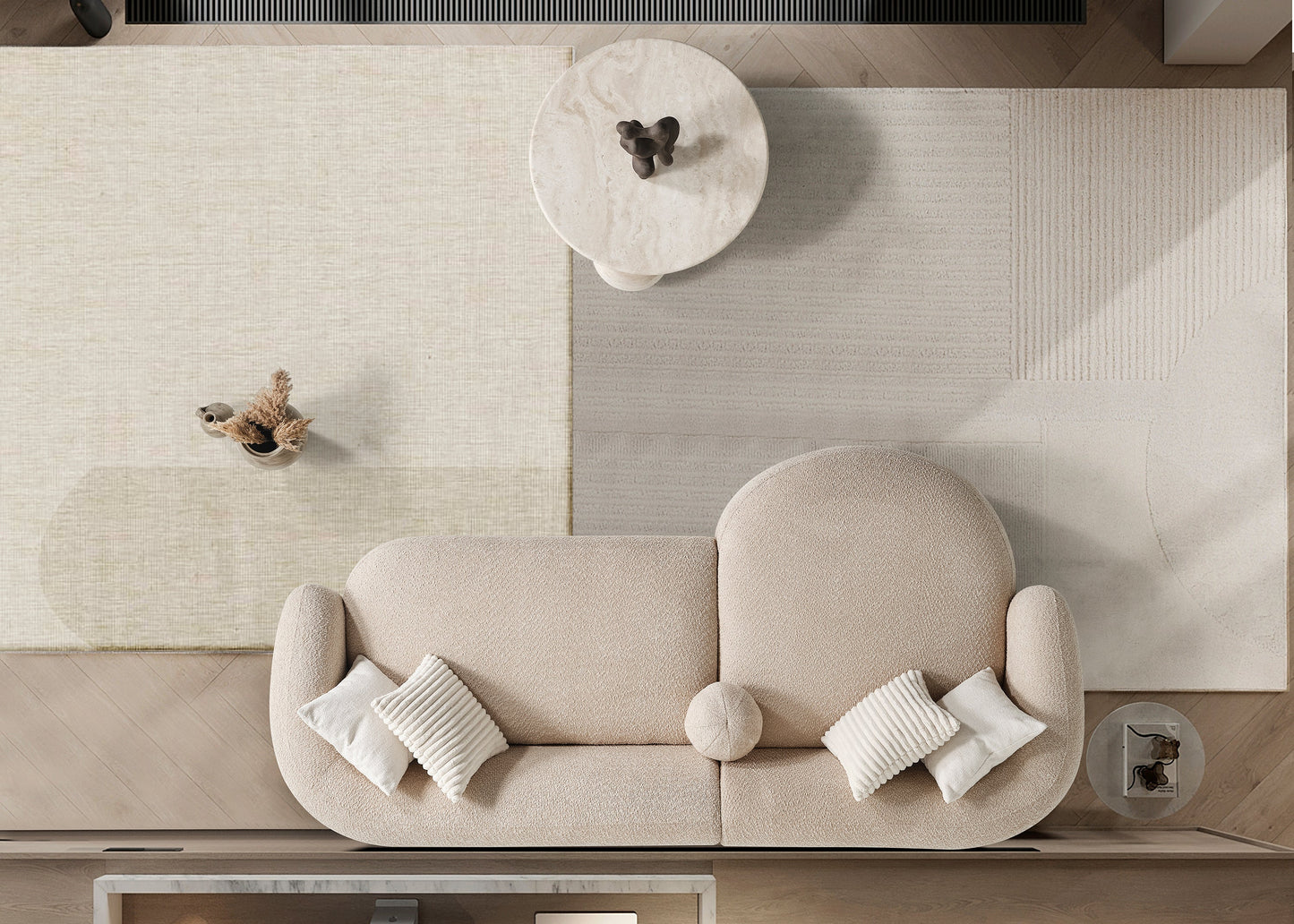 Oslo Rundsofa – 290 × 76 × 140 cm – Beigefarbener Bouclé mit organischer Form