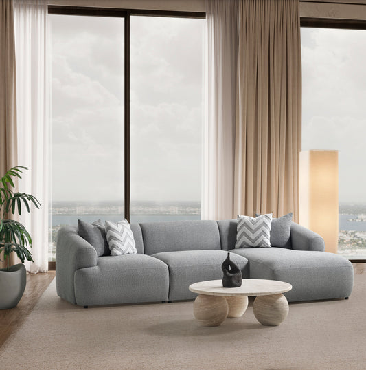 Porto Ecksofa – 290 × 70 × 140 cm – Moderner Bouclé-Stoff in sanftem Grau