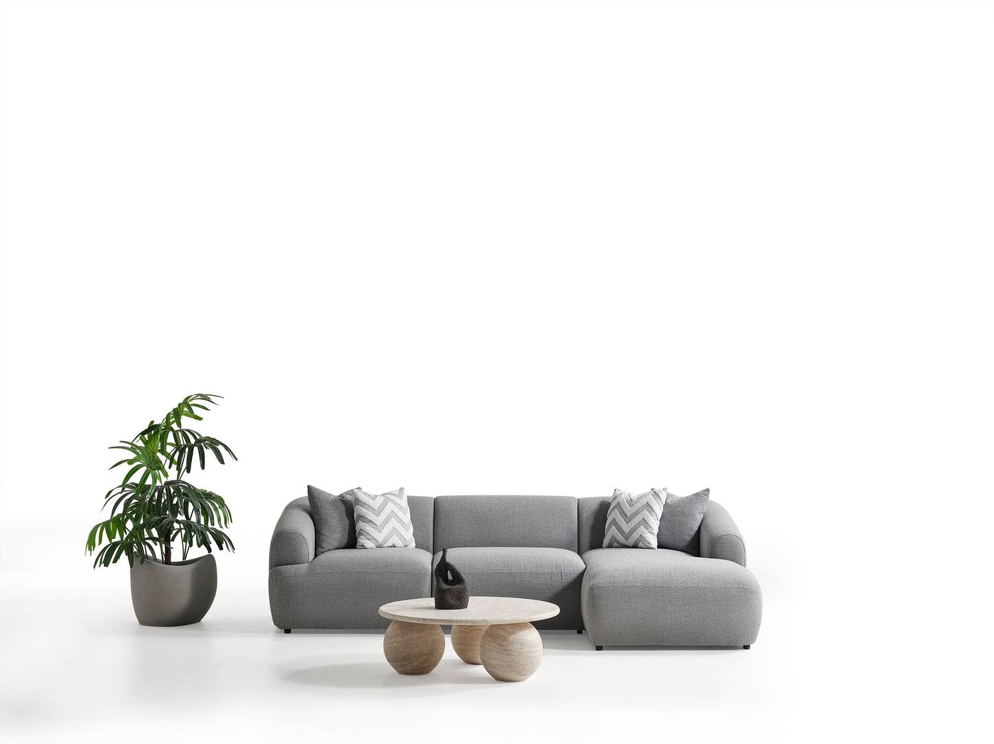 Porto Ecksofa – 290 × 70 × 140 cm – Moderner Bouclé-Stoff in sanftem Grau