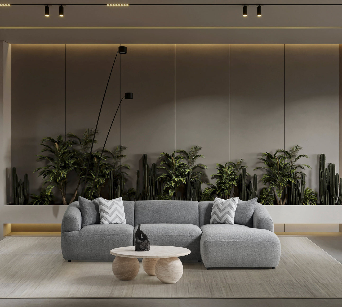 Porto Ecksofa – 290 × 70 × 140 cm – Moderner Bouclé-Stoff in sanftem Grau
