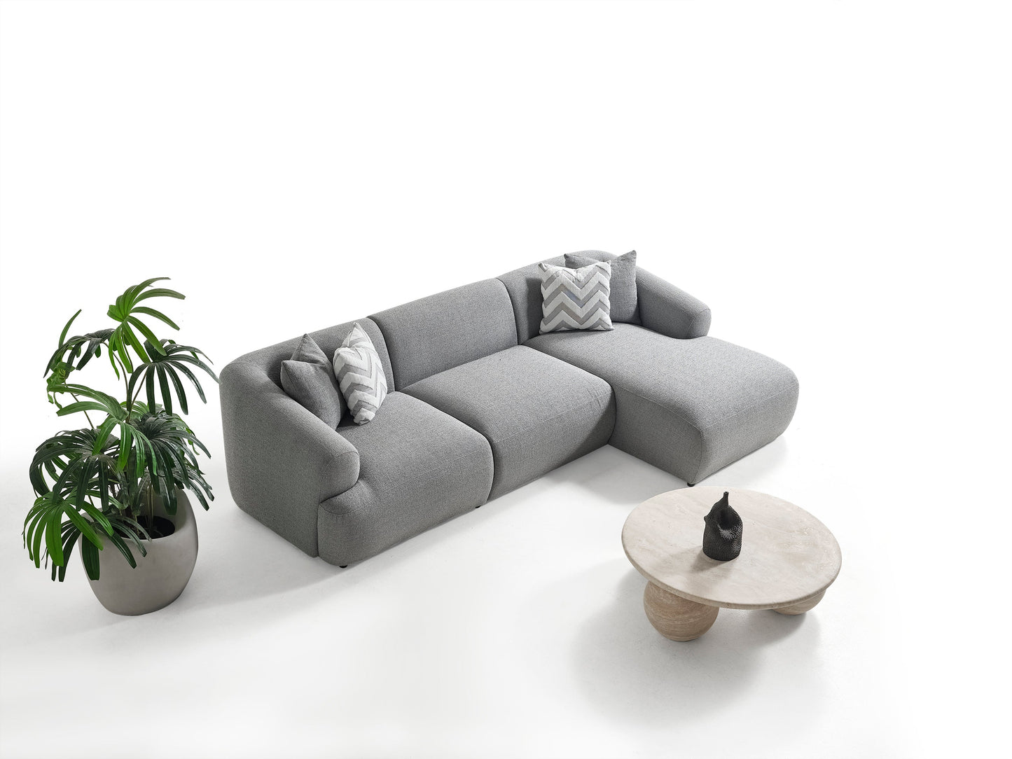 Porto Ecksofa – 290 × 70 × 140 cm – Moderner Bouclé-Stoff in sanftem Grau