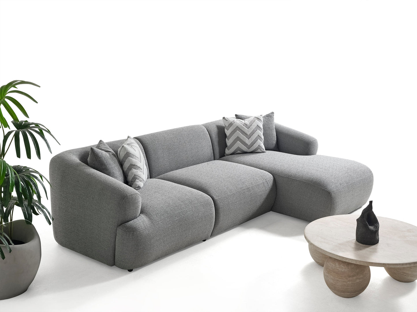 Porto Ecksofa – 290 × 70 × 140 cm – Moderner Bouclé-Stoff in sanftem Grau
