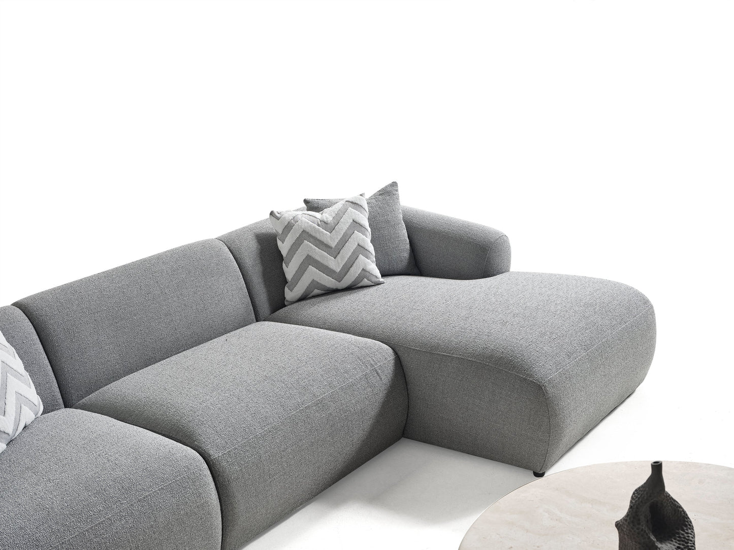 Porto Ecksofa – 290 × 70 × 140 cm – Moderner Bouclé-Stoff in sanftem Grau
