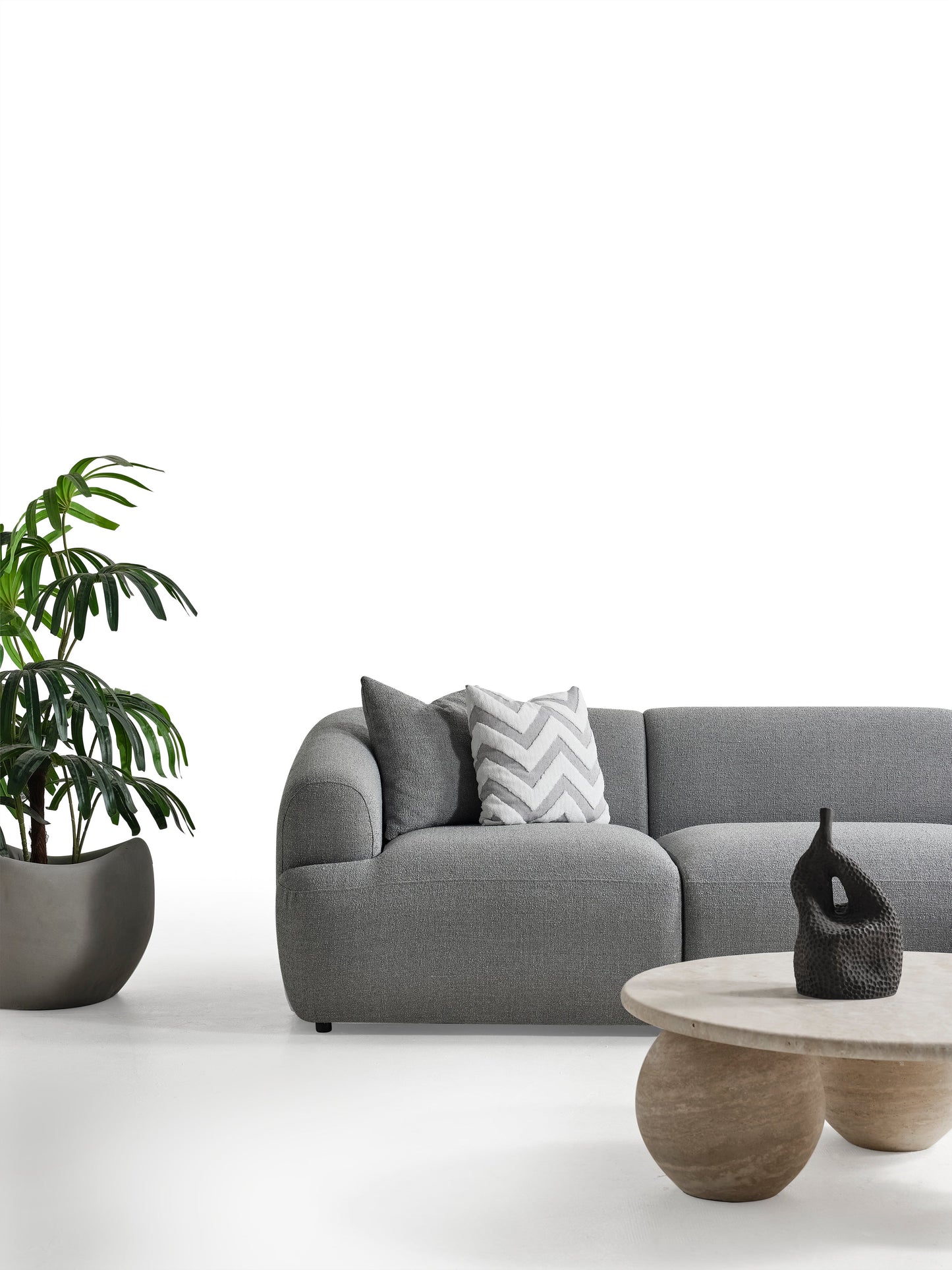 Porto Ecksofa – 290 × 70 × 140 cm – Moderner Bouclé-Stoff in sanftem Grau