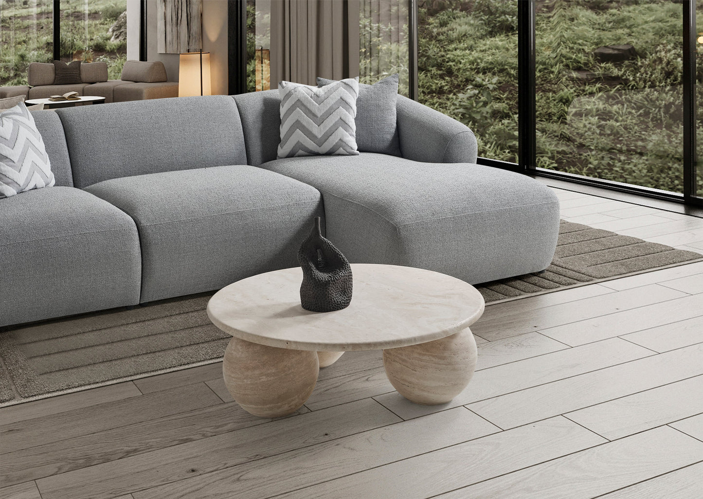 Porto Ecksofa – 290 × 70 × 140 cm – Moderner Bouclé-Stoff in sanftem Grau
