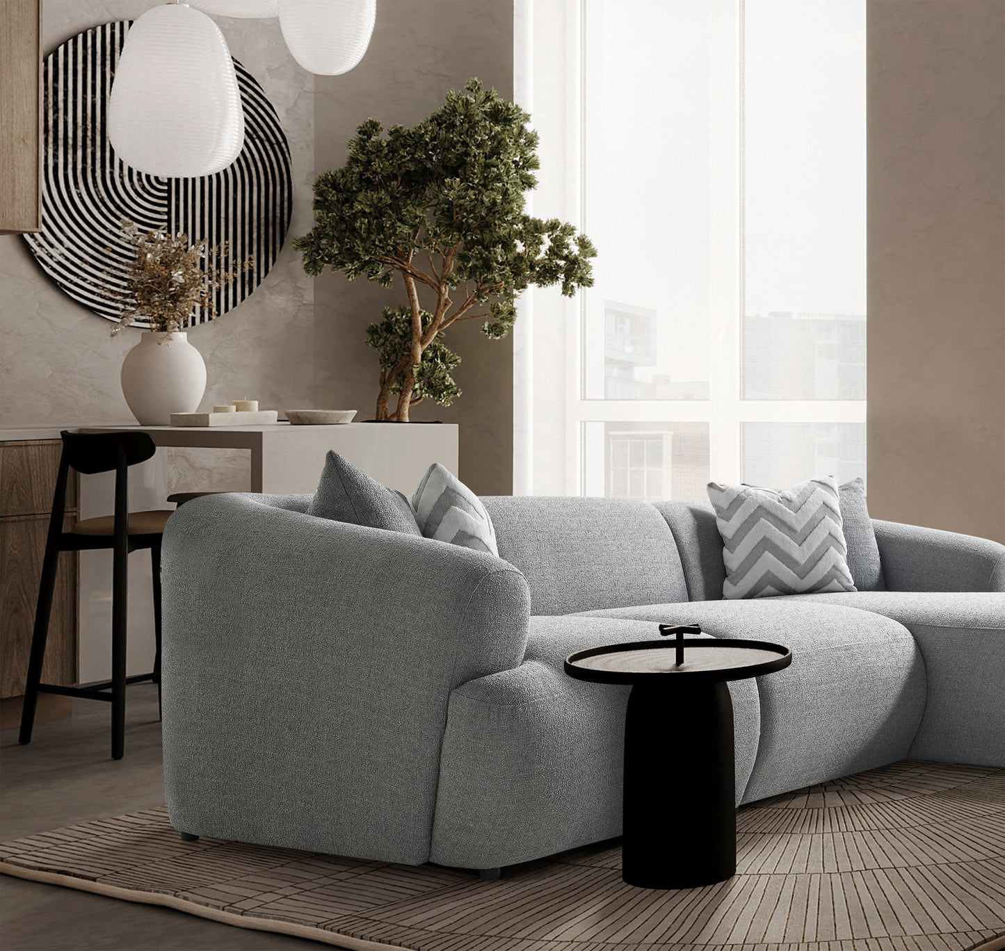 Porto Ecksofa – 290 × 70 × 140 cm – Moderner Bouclé-Stoff in sanftem Grau
