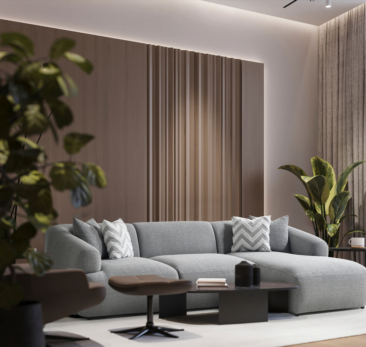 Porto Ecksofa – 290 × 70 × 140 cm – Moderner Bouclé-Stoff in sanftem Grau