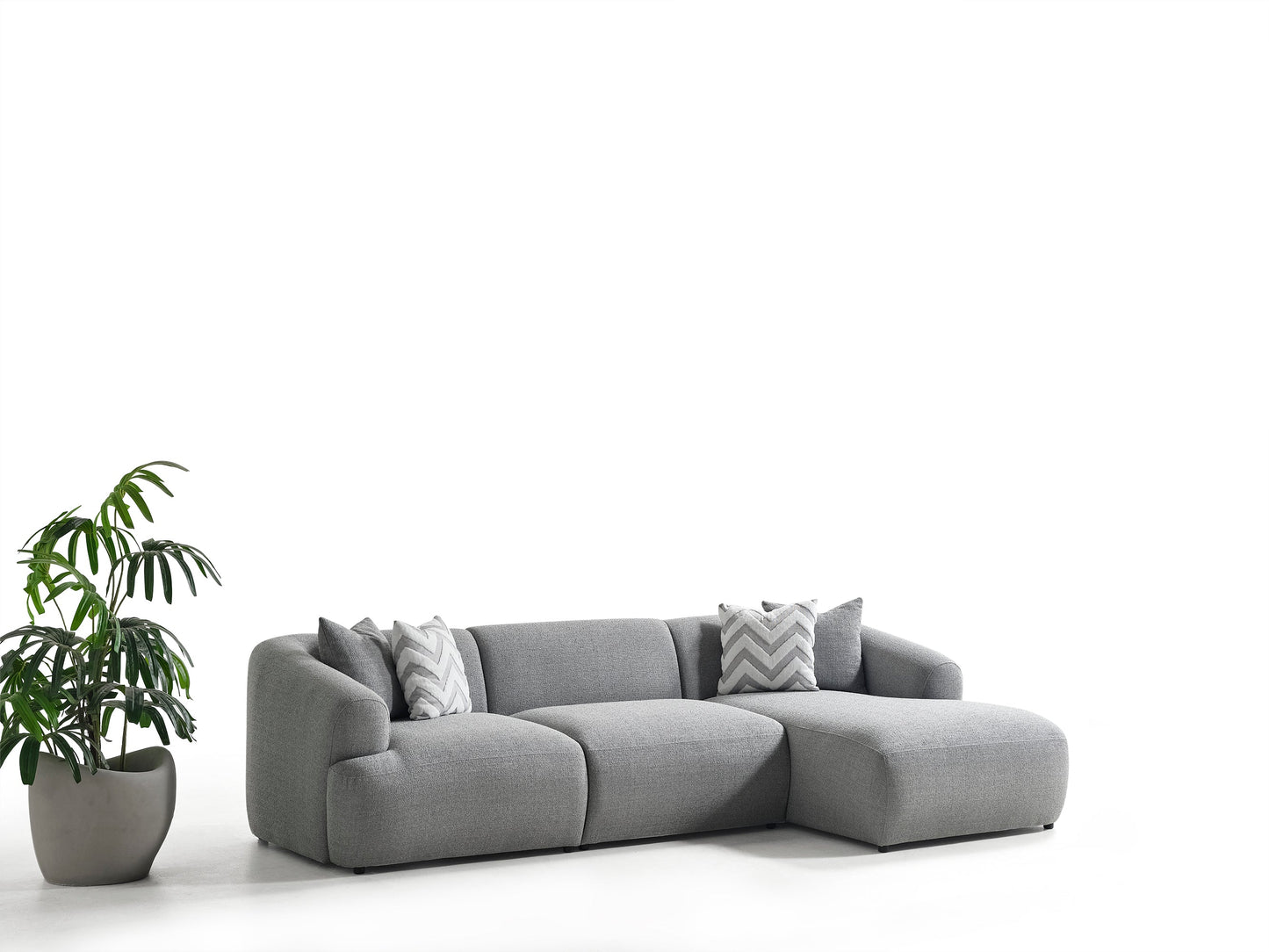 Porto Ecksofa – 290 × 70 × 140 cm – Moderner Bouclé-Stoff in sanftem Grau