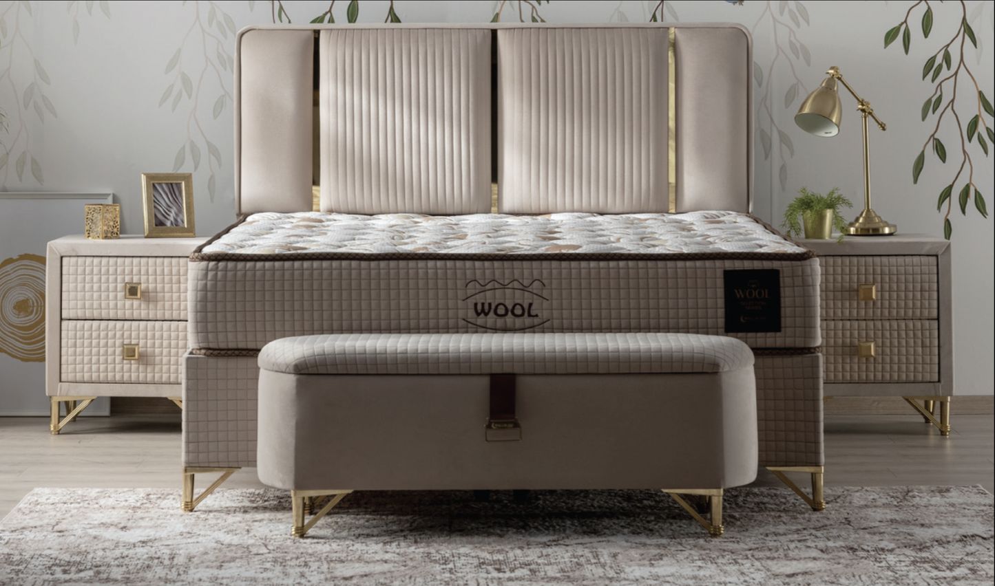 WOOL – Luxus-Boxspringbett mit Matratze und Stauraum