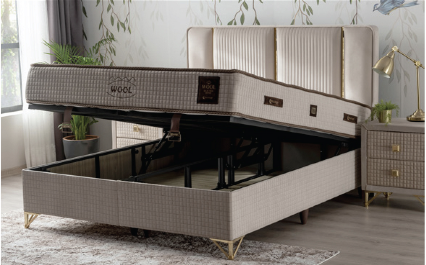 WOOL – Luxus-Boxspringbett mit Matratze und Stauraum