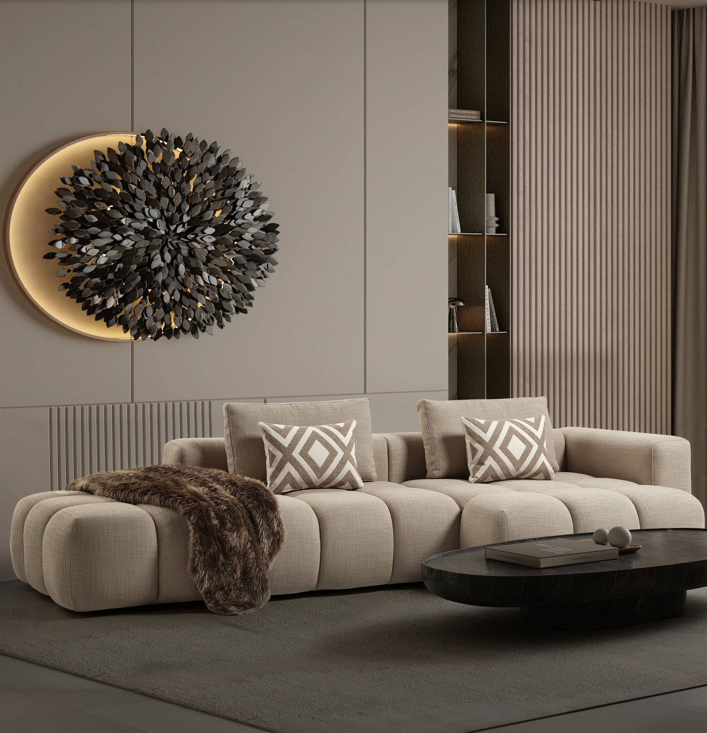 Paris Modulares Lounge-Sofa – 330 × 62 × 150 cm – Beiger Strukturstoff mit Blockdesign